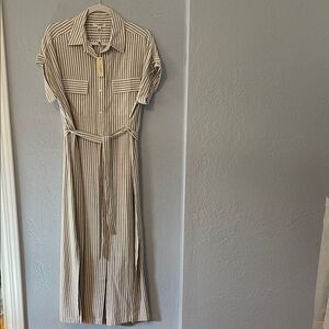 NWT Striped Shirt Midi Dress in Beige and White - Unbranded